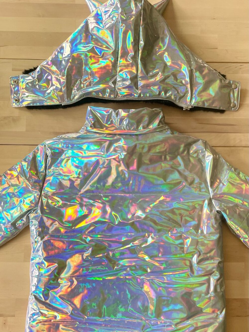 Dolls Kill Club EXX Women's Iridescent Puffer Jacket w/ Horned Hood size SM NWOT - Picture 12 of 13